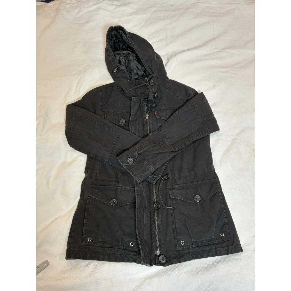 Levi's Men's Small Black Hooded Field Parka Jacket Quilted Lining Military Style